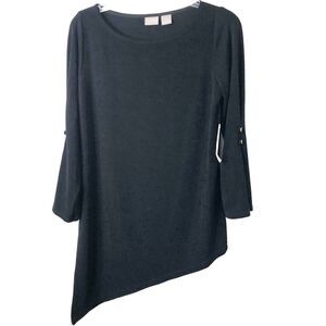 Chico's Travelers Classic Asymmetrical 3/4 Button-Sleeve Top in Black Size 0 (S)